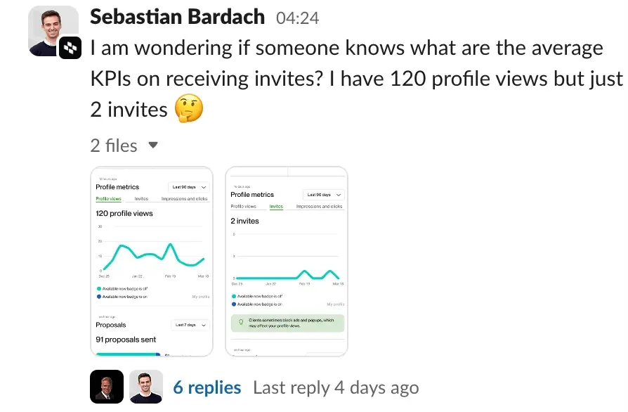 Community thread: Sebastian Bardach asking about average KPIs on receiving Upwork invites