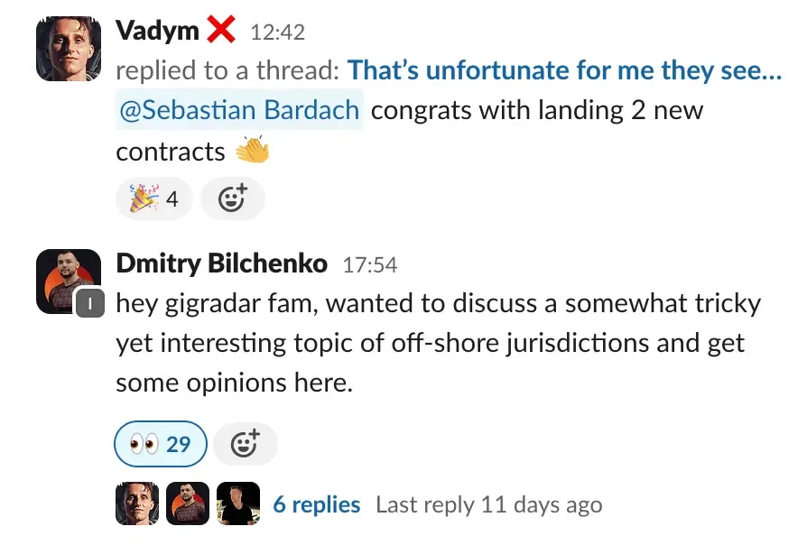 Community thread: Vadym congratulating Sebastian Bardach on two new contracts, and Dmitry Bilchenko opening a discussion on off-shore jurisdictions