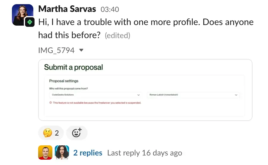 Community thread: Martha Sarvas troubleshooting a suspended-freelancer proposal error