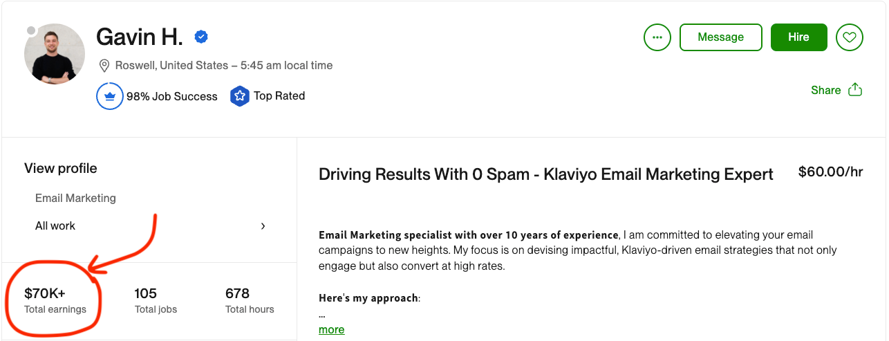 Gavin H., Top Rated Klaviyo email marketing expert: 98% job success, $70K+ total earnings, 105 total jobs, 678 total hours
