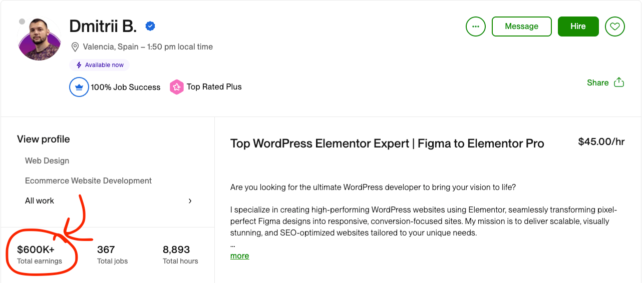 Dmitrii B., Top Rated Plus WordPress and Elementor expert: 100% job success, $600K+ total earnings, 367 total jobs, 8,893 total hours