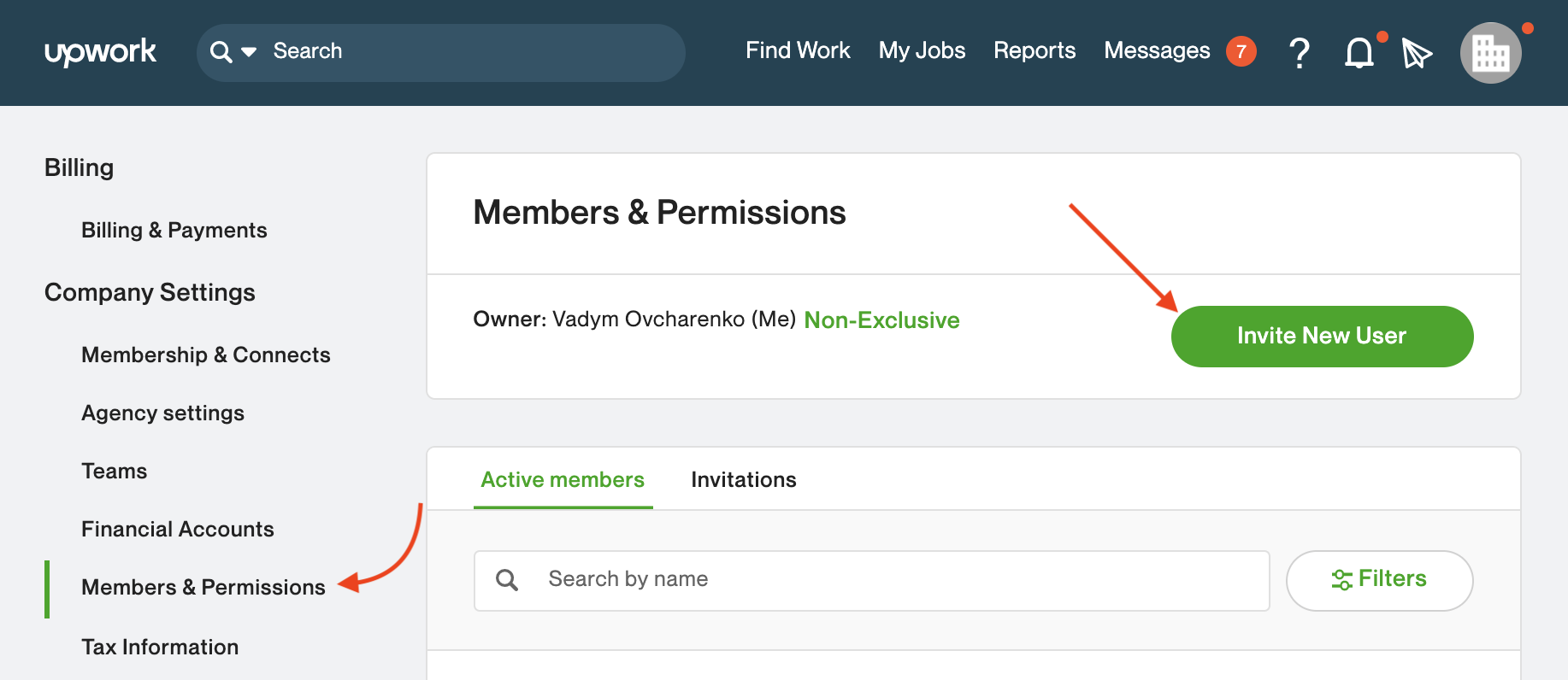 Upwork Members & Permissions page with the Invite New User button highlighted