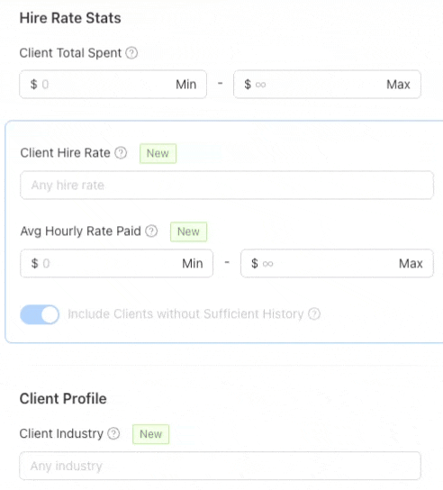 Client spend filter inside the GigRadar scanner setup