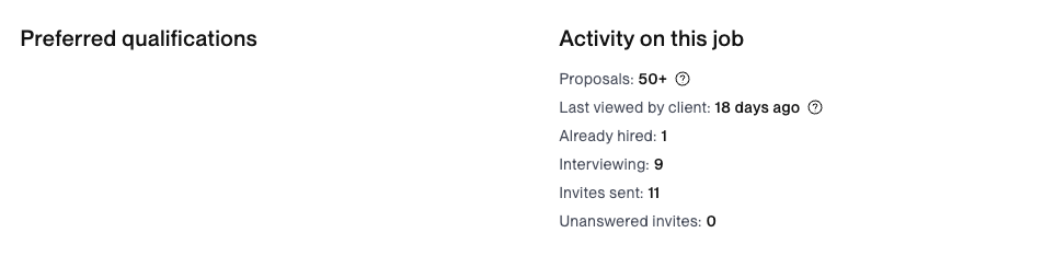 Upwork job post showing 'Hired 1'. The client already hired a freelancer for this job