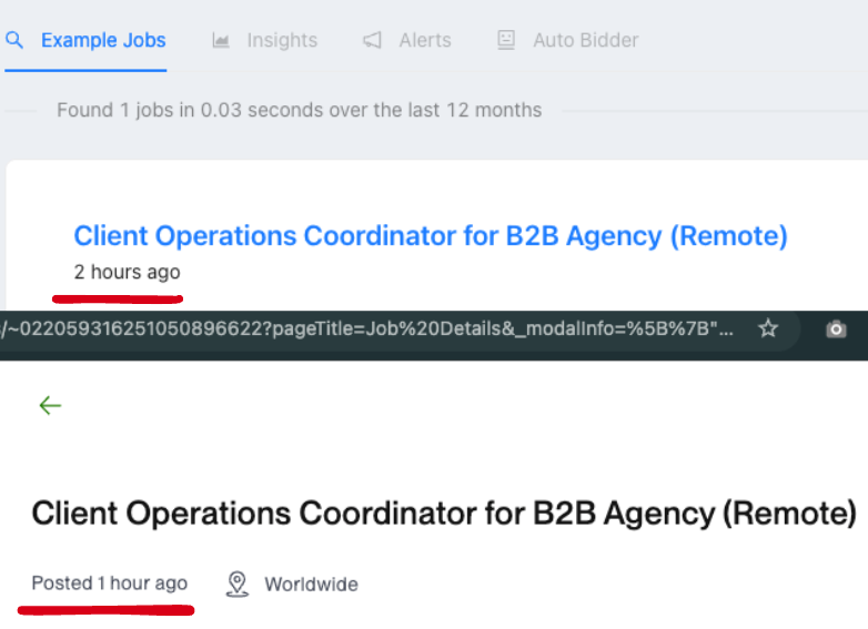 Side-by-side comparison of GigRadar's live job feed and Upwork's delayed feed showing the same job posted at very different times