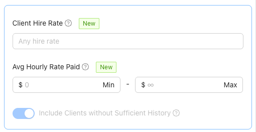GigRadar dashboard showing the client hire-rate filter used to screen out clients who post but rarely hire