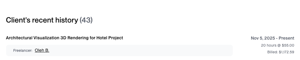 The Upwork freelancer who was hired on the job, showing their rate and profile